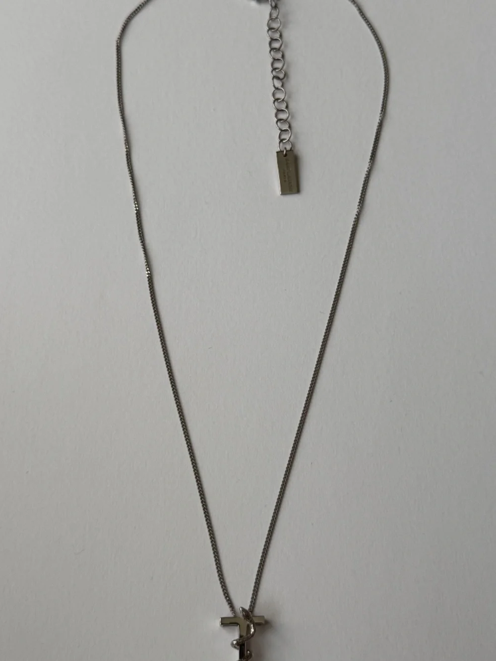 Saint Laurent YSL Sterling Silver T Initial Letter Snake Pendant Chain Necklace